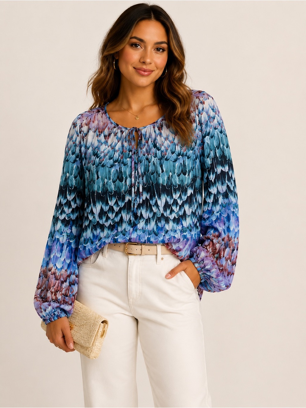 BCBGMAXAZRIA Feather Print Sheer Peasant Blouse Blue Purple Tie Neck Size L